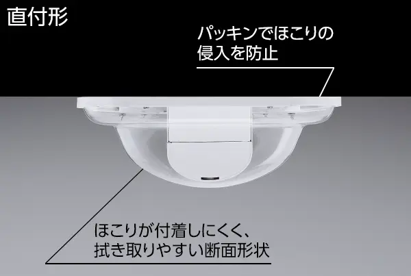 直付形の構造。パッキンでほこりの侵入を防止、ほこりが付着しにくく、拭き取りやすい断面形状。