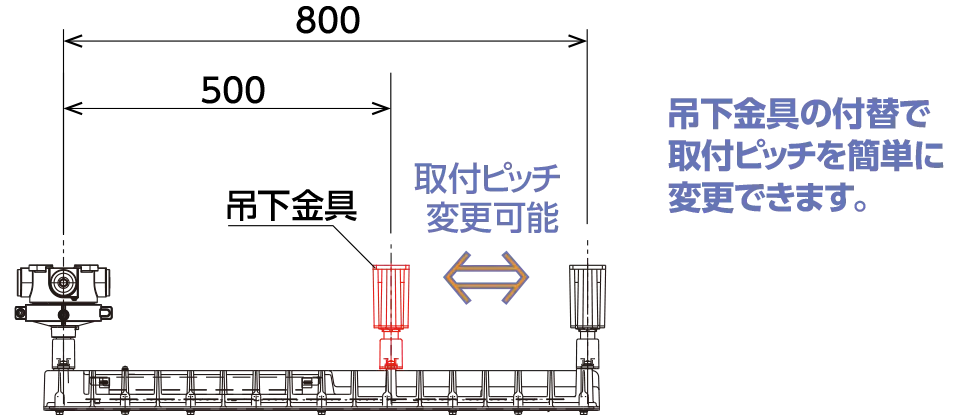 吊下金具の付替で取付ピッチを簡単に変更できます。