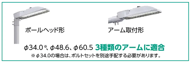 ø34.0、ø48.6、ø60.5 3種類のアームに適合。ø34.0の場合は、ボルトセットを別途手配する必要があります。